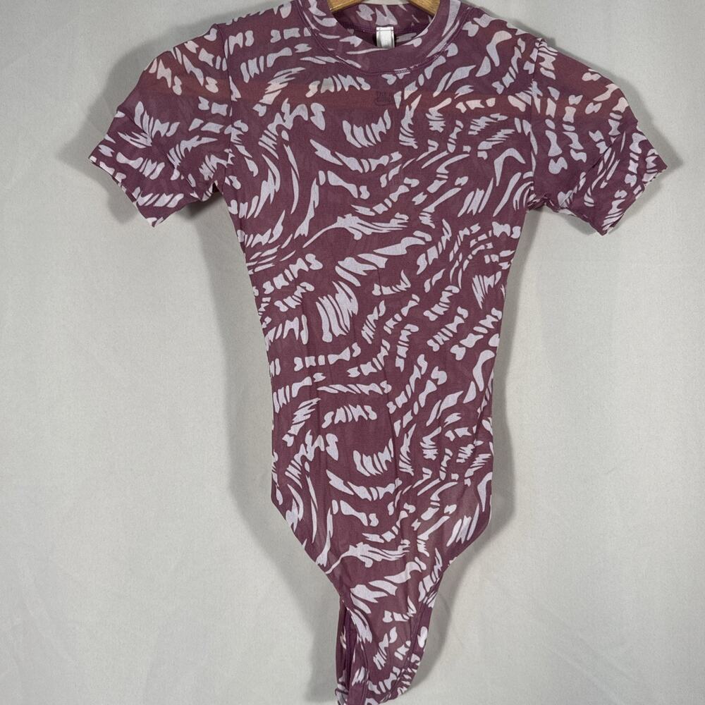 SKIMS Bodysuit S Raspberry Swirl Print Mesh Sheer Short Sleeve All Over Logo y2k